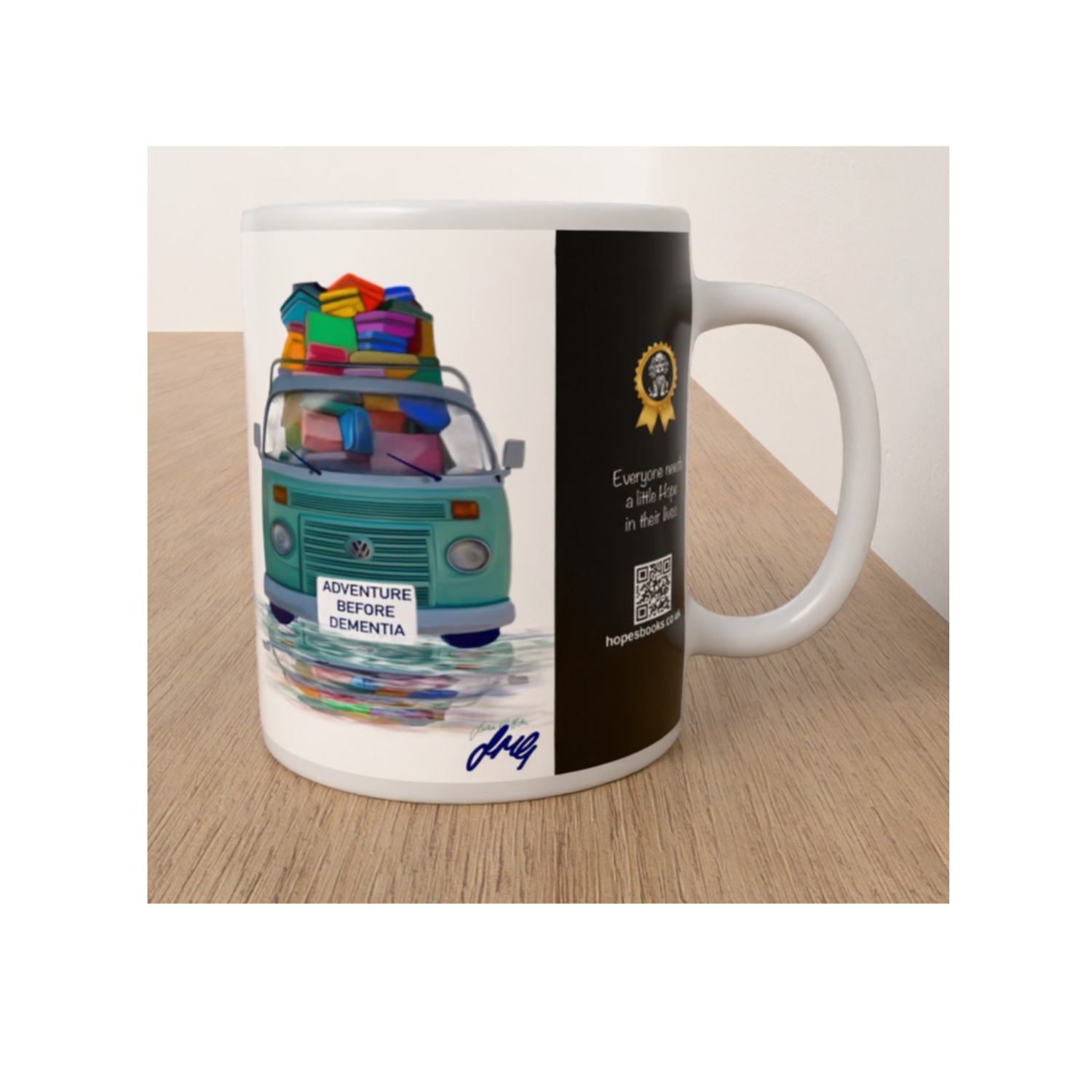 Angled view of the Adventure Before Dementia mug showing a turquoise campervan, black Hope's Books branding panel and QR code.