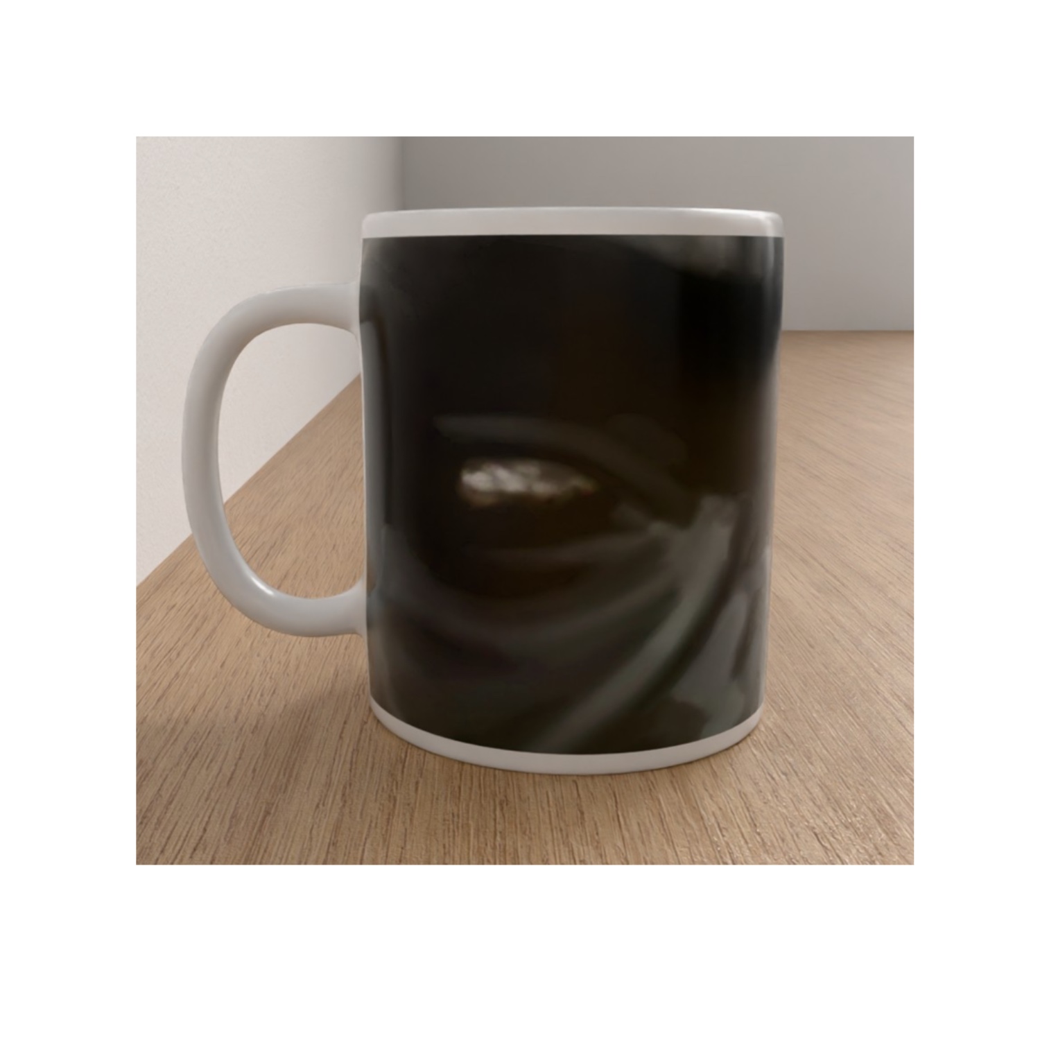White ceramic mug featuring a dramatic close-up illustration of a gorilla's dark face and eye.