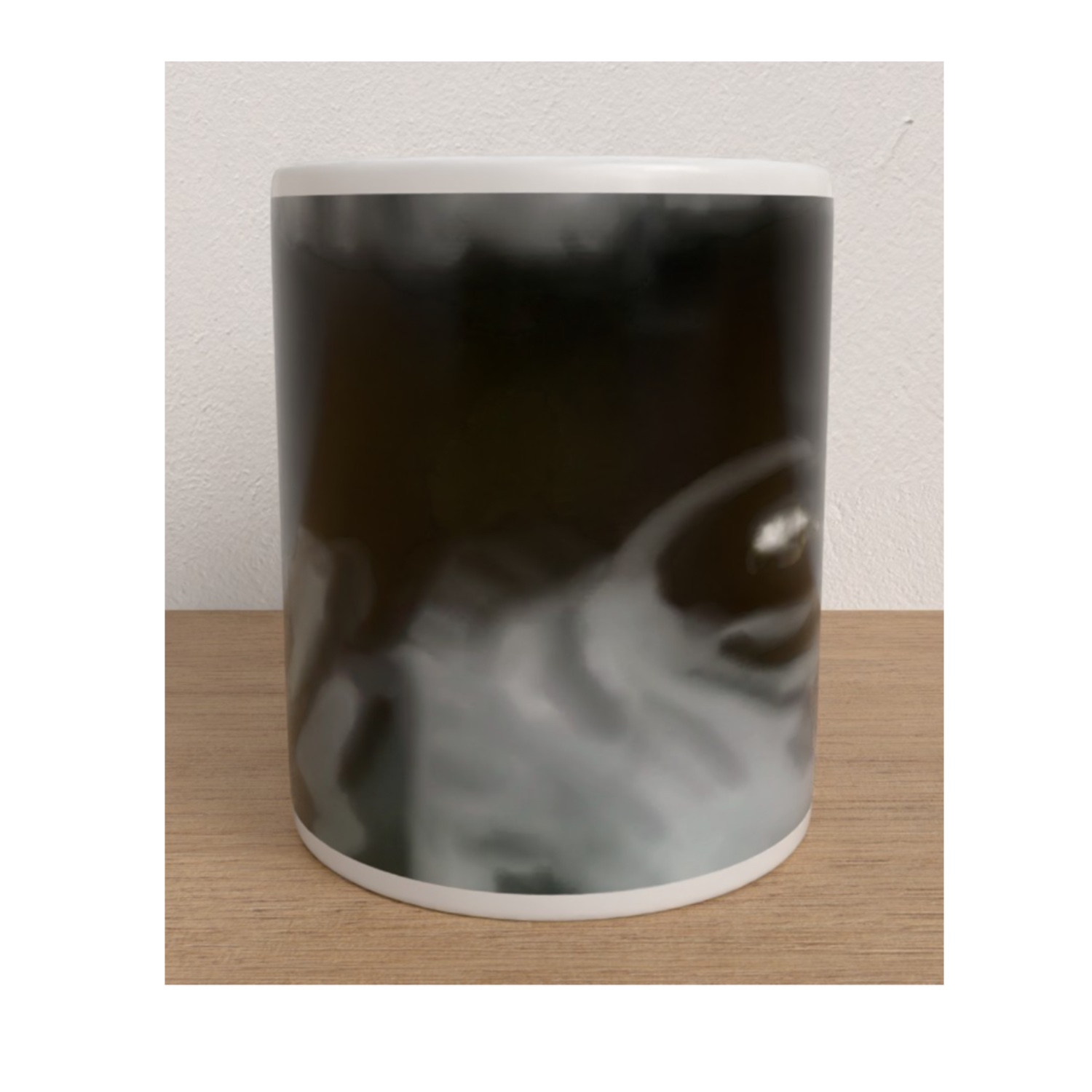 White ceramic mug featuring a close-up black and grey illustration of a gorilla's face, with one eye visible.