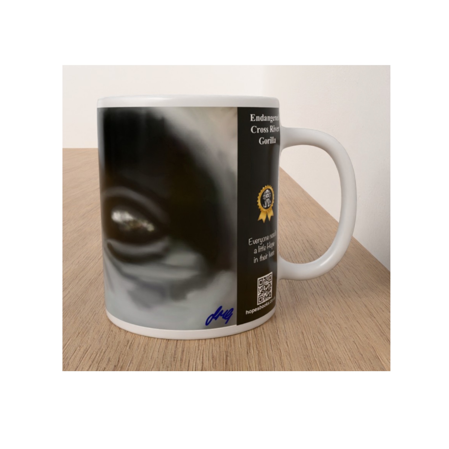 Side view of endangered Cross River gorilla mug featuring a close-up gorilla eye, conservation message and QR code.