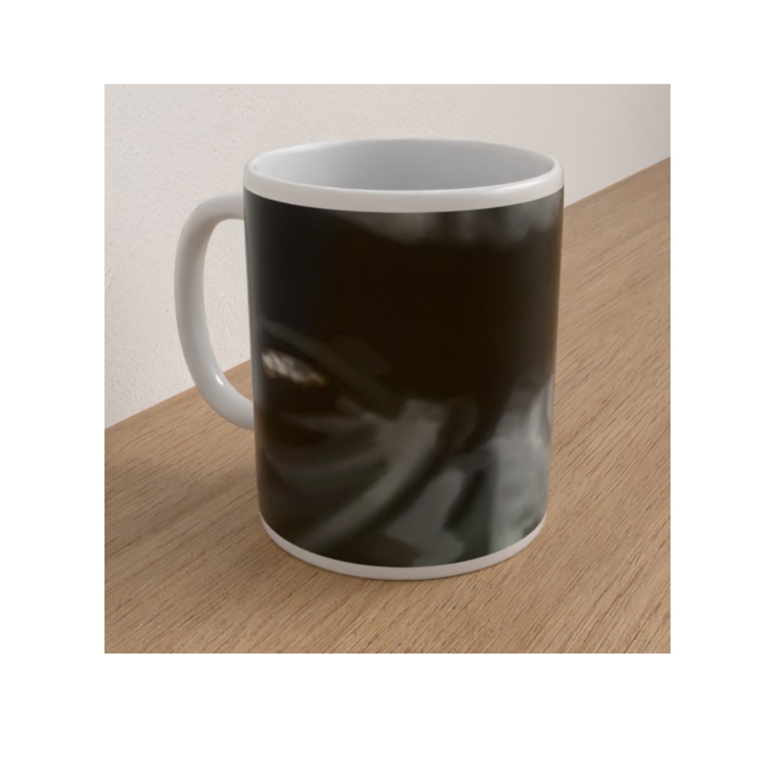 Angled white ceramic mug featuring a dramatic dark close-up illustration of a gorilla's eye and face.