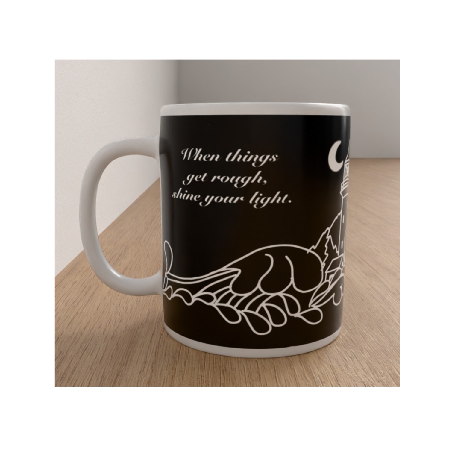 Black My Lighthouse ceramic mug featuring white ocean waves and the inspirational words When things get rough, shine your light.