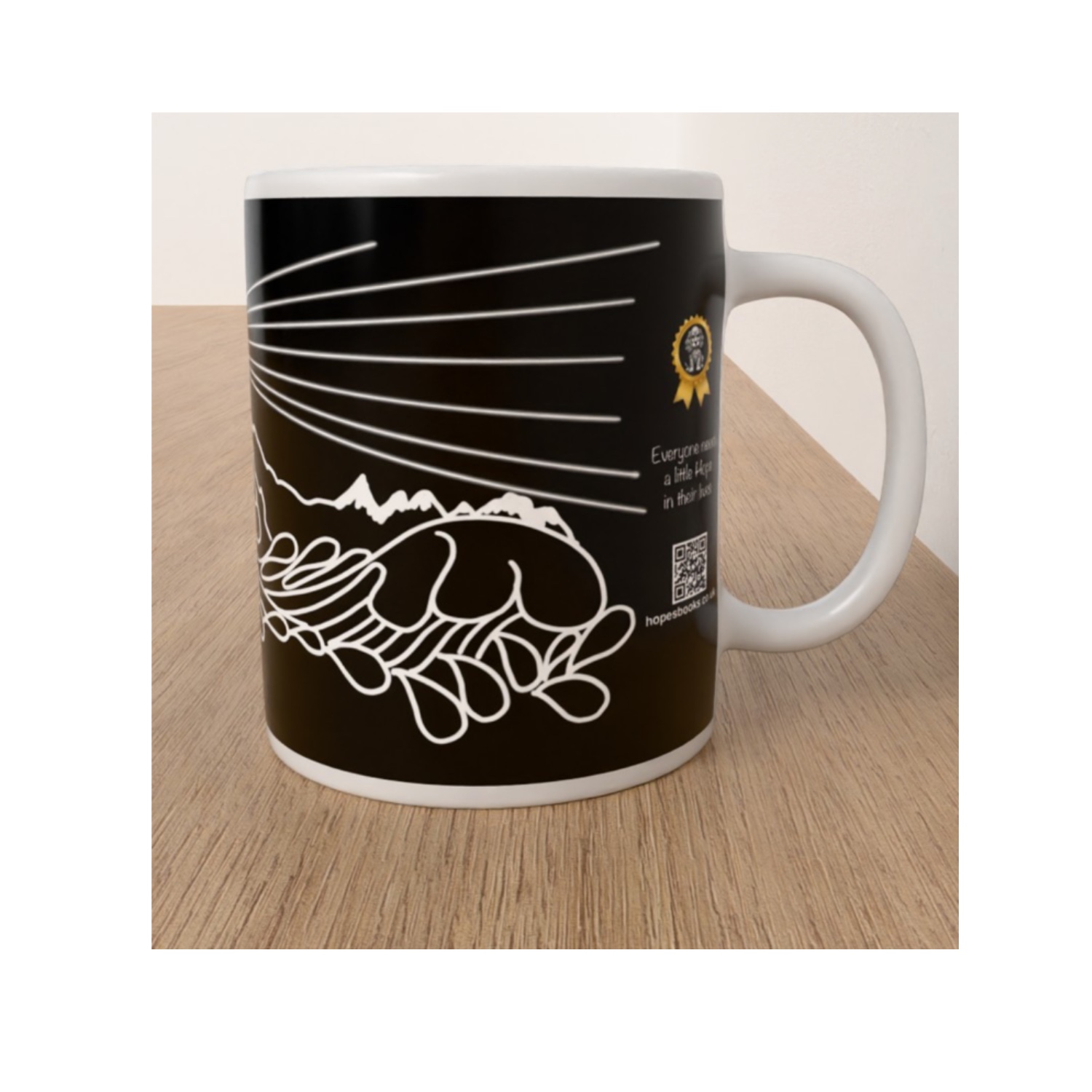 Side view of the black My Lighthouse mug showing white beams of light, stylised waves and Hope's Books branding with a QR code.