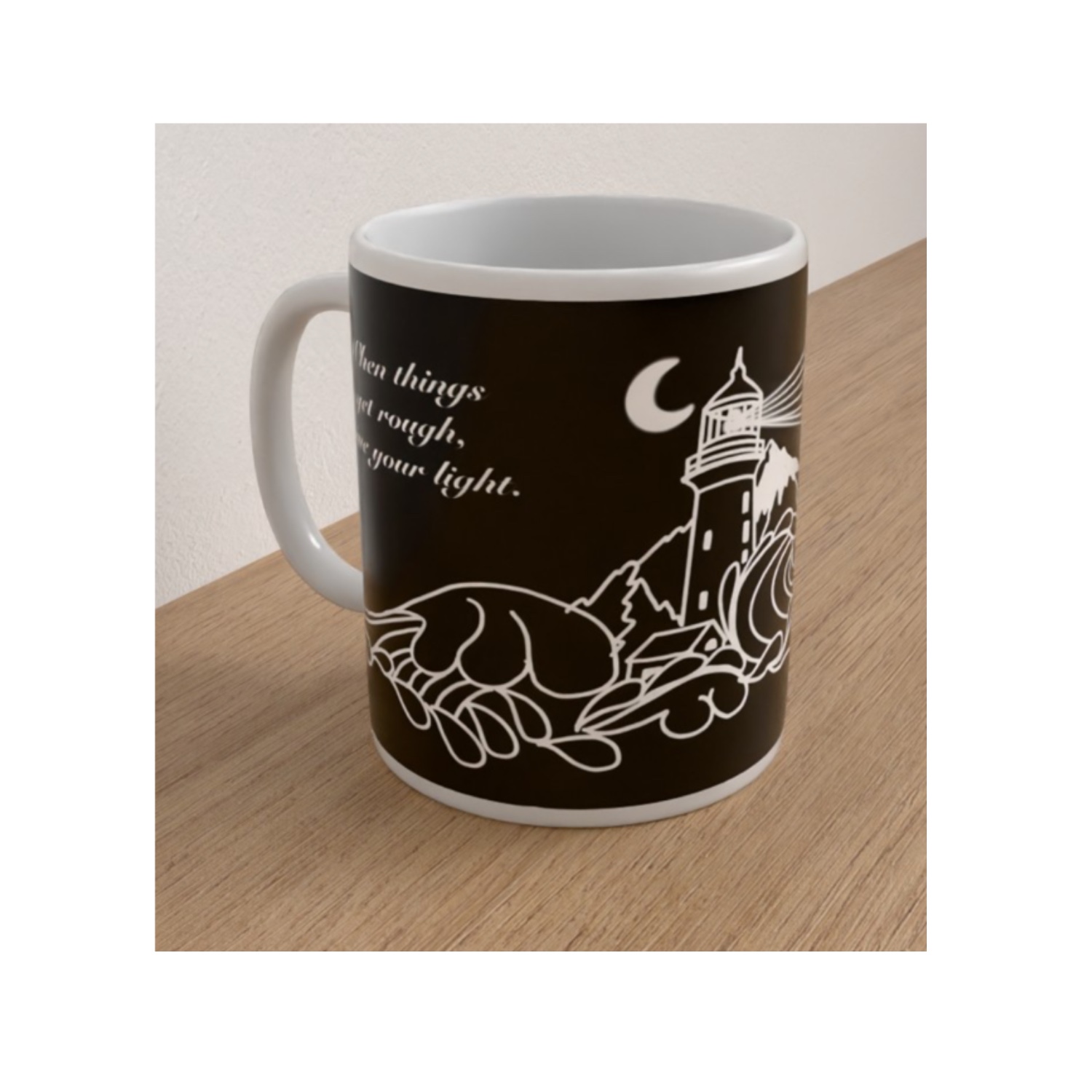 Angled view of the My Lighthouse mug featuring white line art of a lighthouse, crescent moon and rolling waves against a black background.