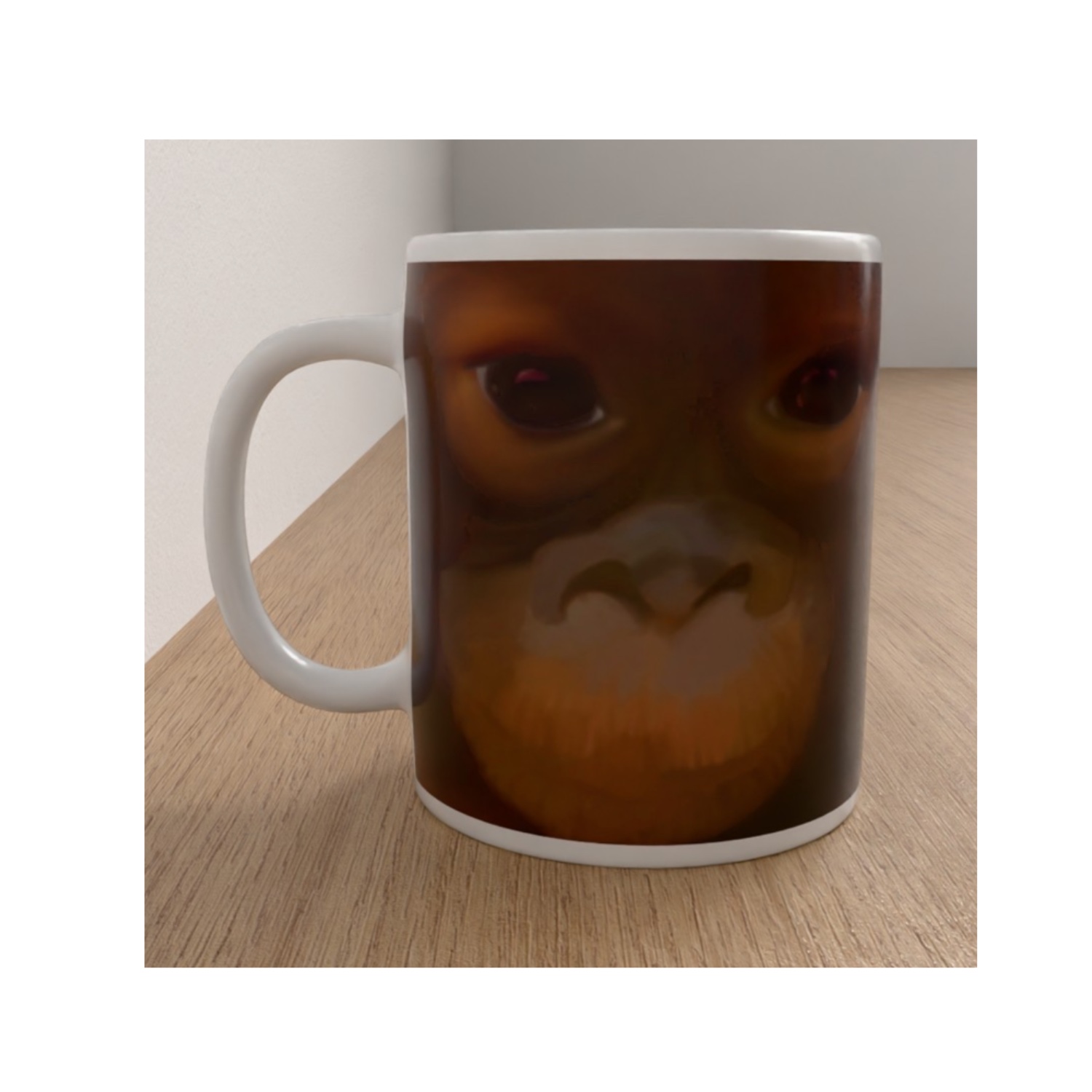 Front view of the orangutan mug featuring a close-up illustration of an orangutan's face with expressive eyes and rich brown fur.