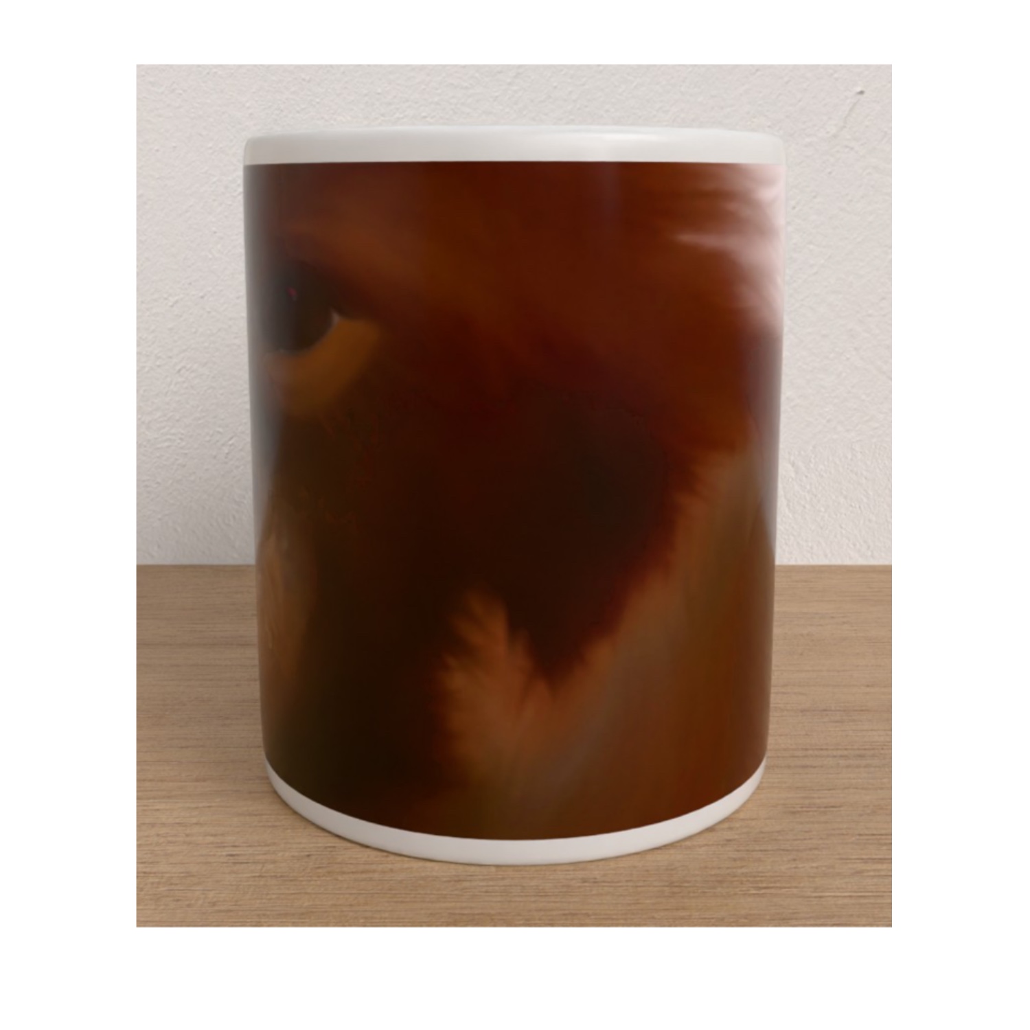 White ceramic mug showing a detailed illustration of reddish-brown orangutan fur wrapping around the mug.