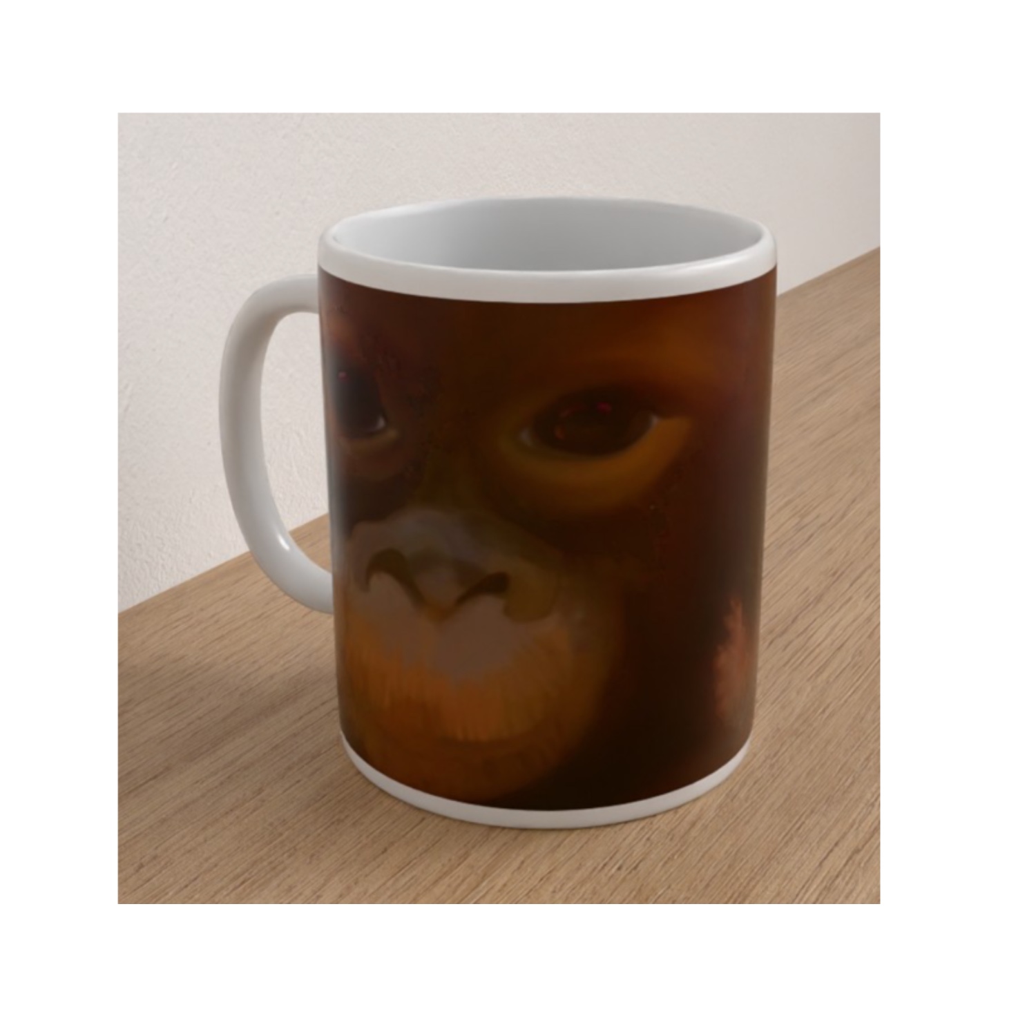 Angled white ceramic mug featuring a close-up illustration of a Bornean orangutan's face.