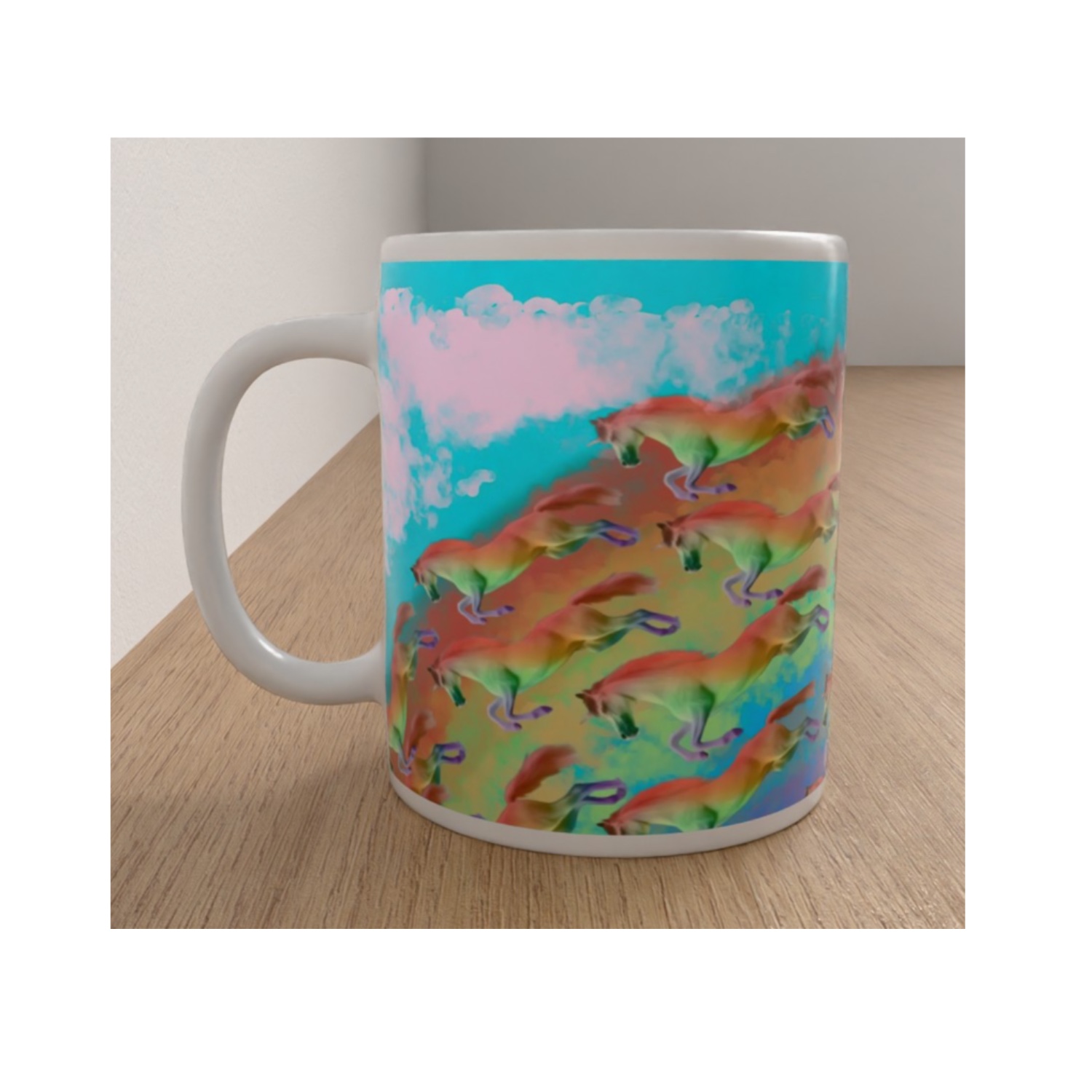 White ceramic mug featuring galloping rainbow-coloured horses against a bright turquoise sky with pink clouds.
