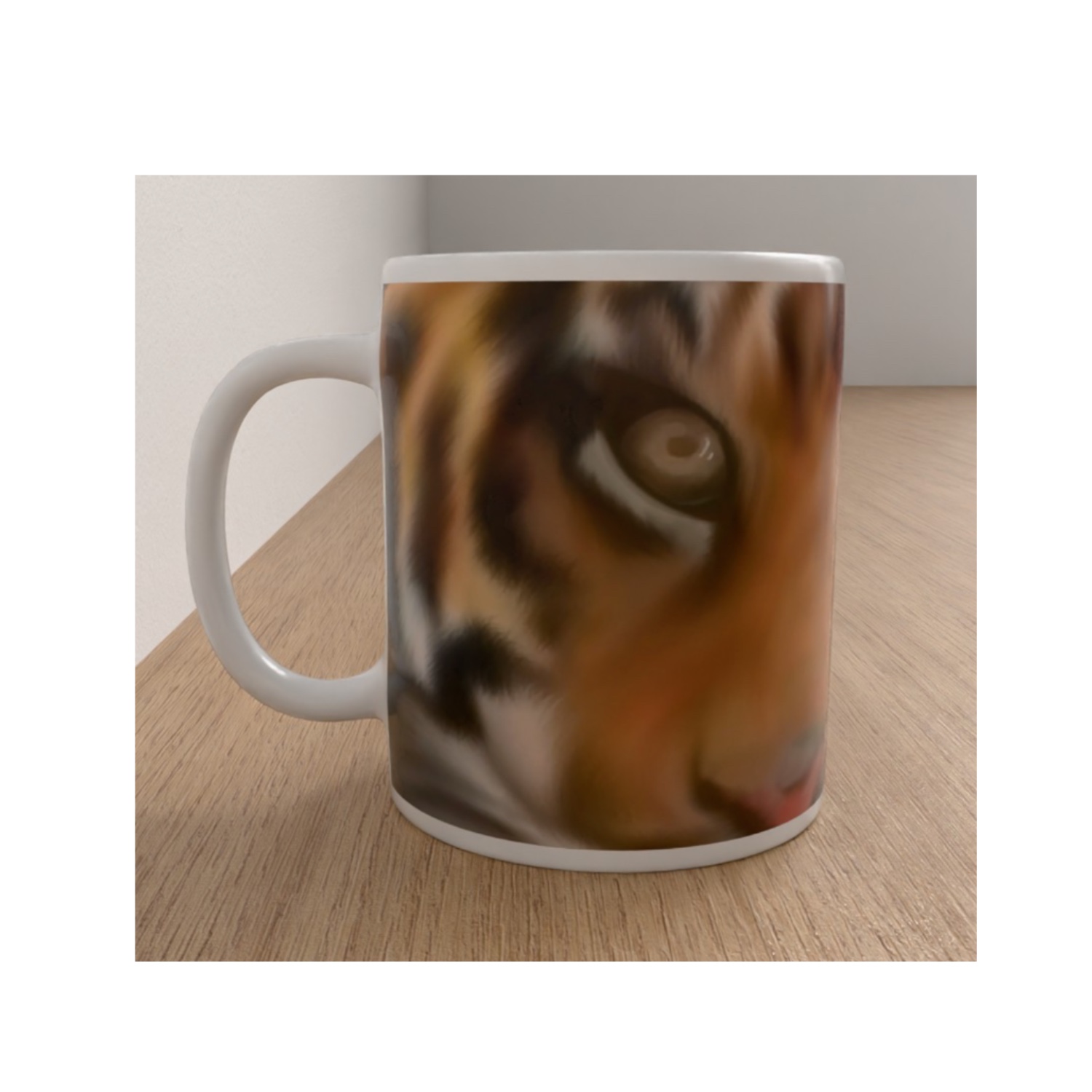 White ceramic mug featuring a detailed close-up illustration of a tiger's orange and black striped face and eye.