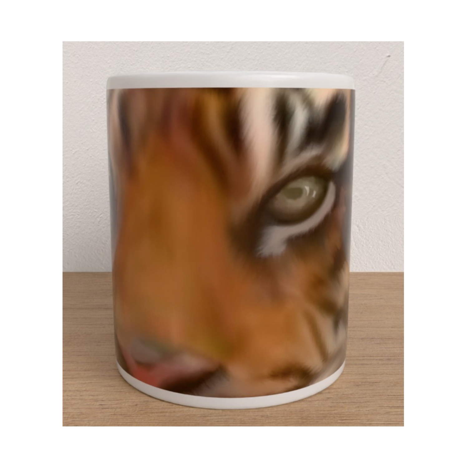 White ceramic tiger mug featuring a close-up illustration of a tiger's eye, striped face and nose.
