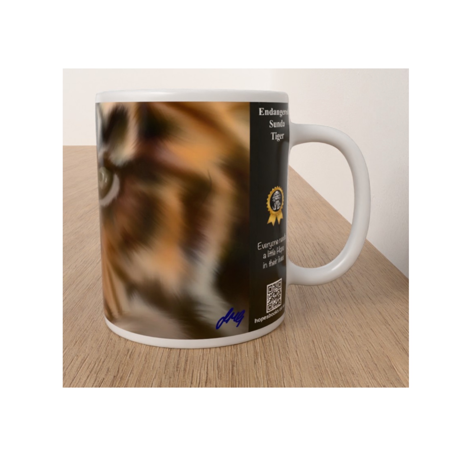 Side view of Endangered Sunda Tiger mug featuring orange and black tiger artwork, conservation message and QR code.