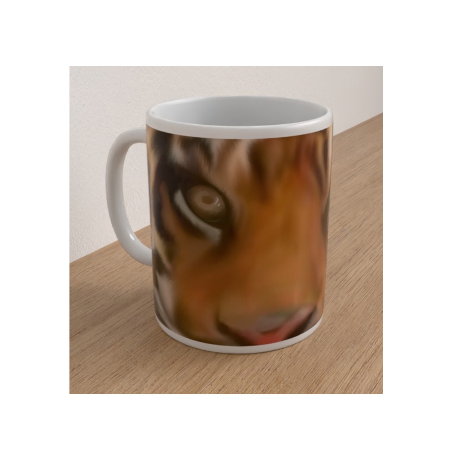 Angled white ceramic mug featuring a detailed close-up illustration of a tiger's face with one prominent eye.