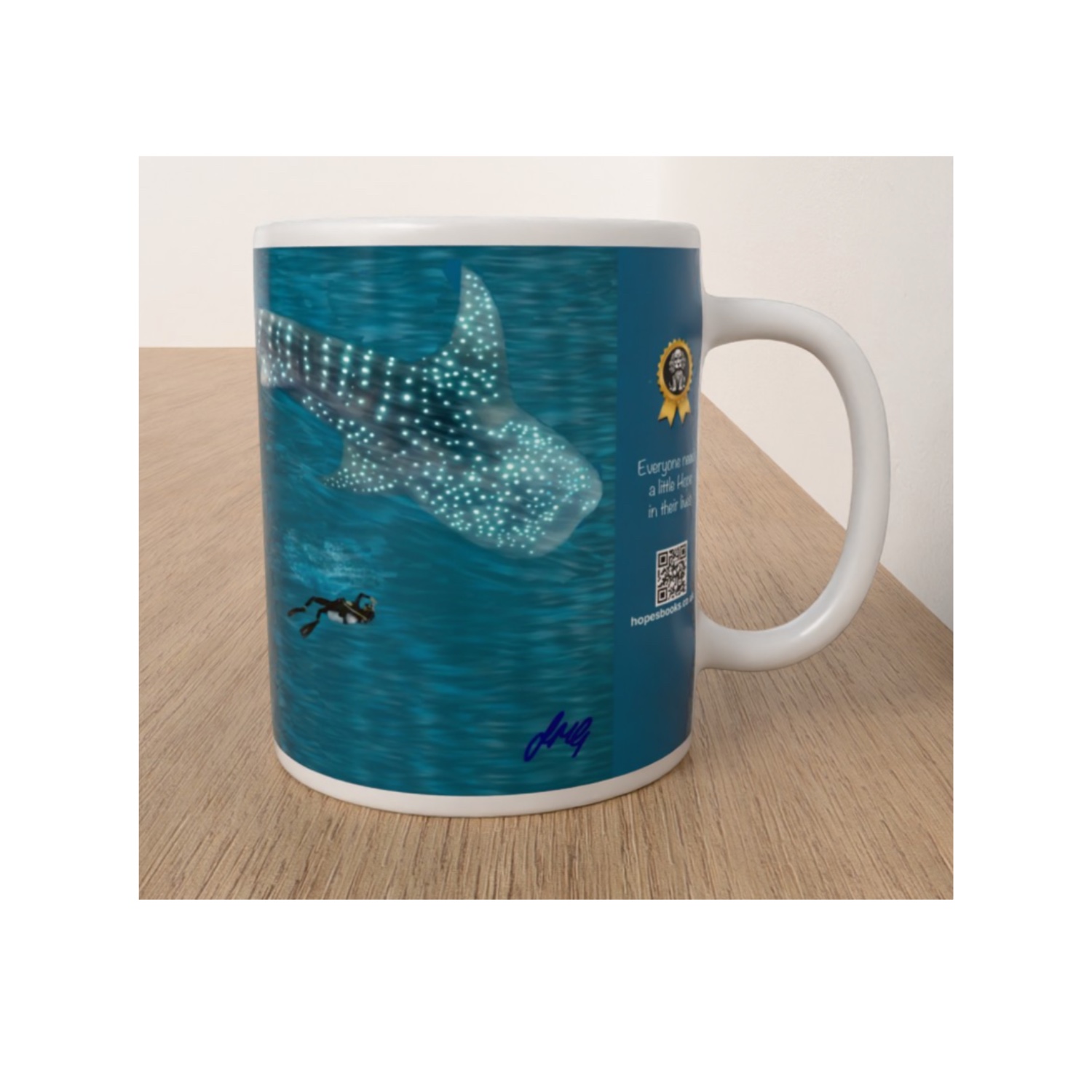 Side view of the Whale Sharks ceramic mug featuring a spotted whale shark swimming through deep blue water with a tiny diver nearby.