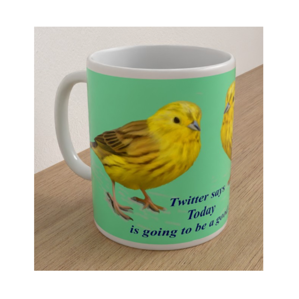 White ceramic Canary Twitter mug featuring Julia Griffith's original artwork of two cheerful yellow canaries.