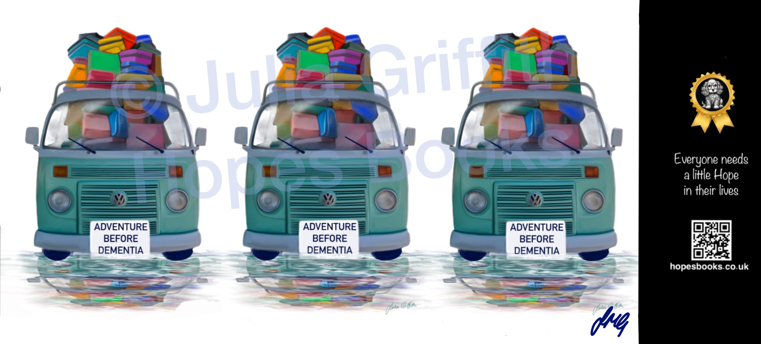 Adventure Before Dementia mug artwork by Julia Griffith, featuring two turquoise campervans loaded with colourful luggage and the words Adventure Before Dementia.