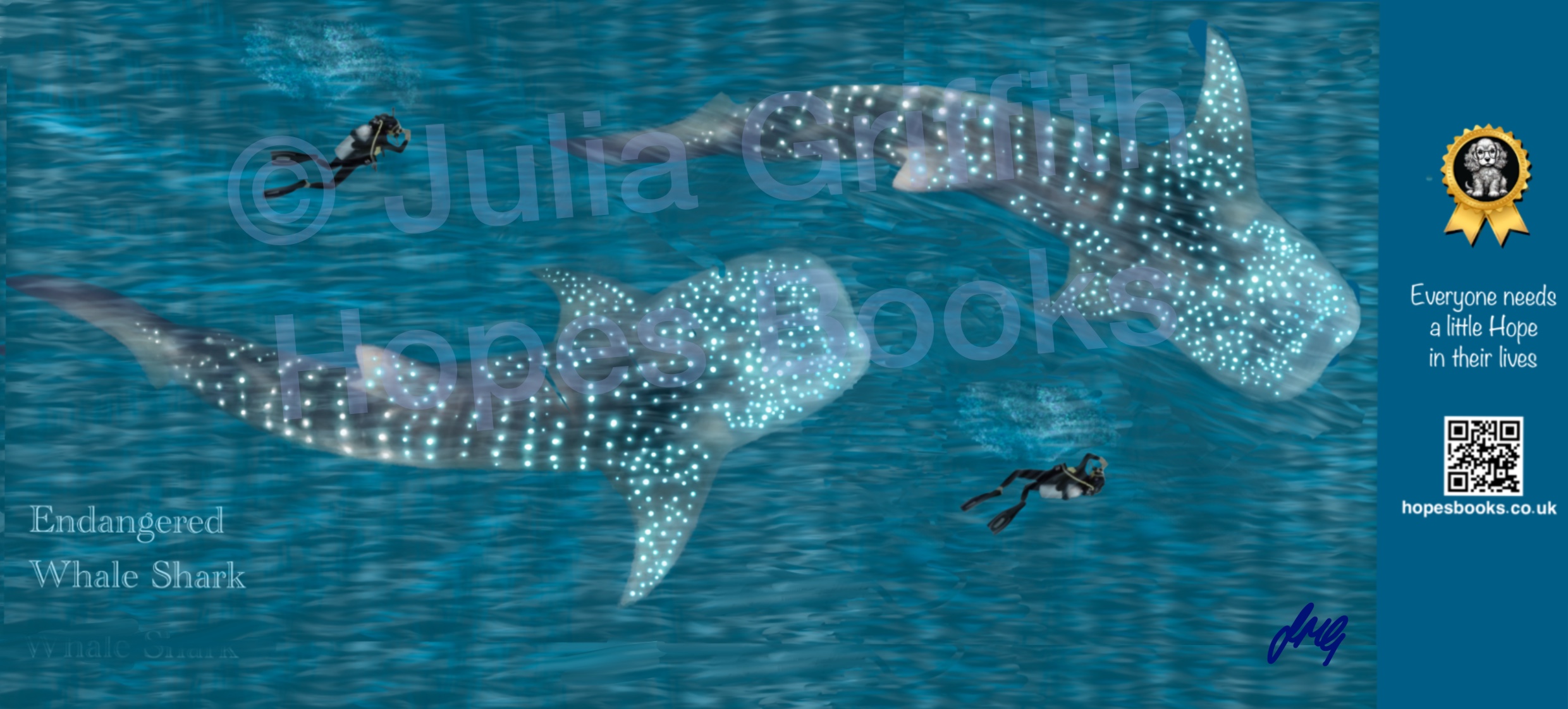Full Whale Sharks mug design featuring original whale shark wildlife artwork by Julia Griffith.