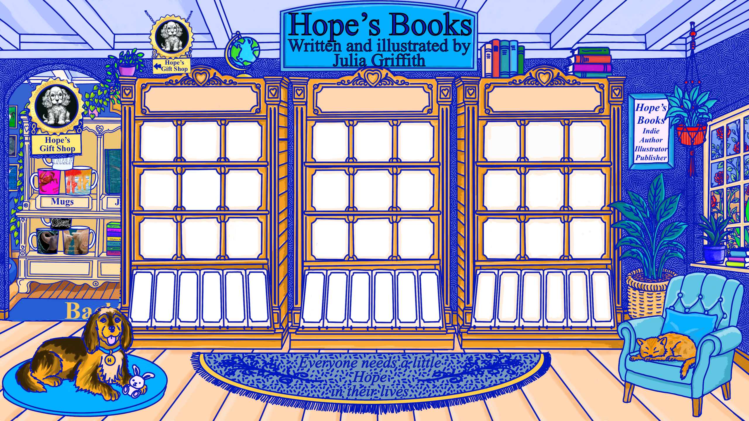 Inside Hope's Bookshop, illustrated by Julia Griffith, with children's books, books for all ages and personal growth books